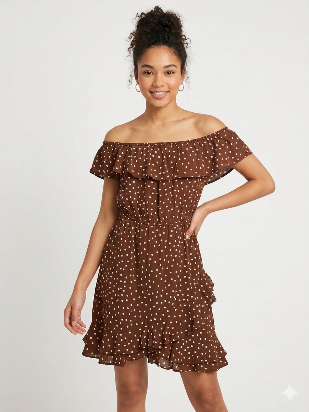 River Island Brown Polka Dot One-Shoulder Ruffle Dress